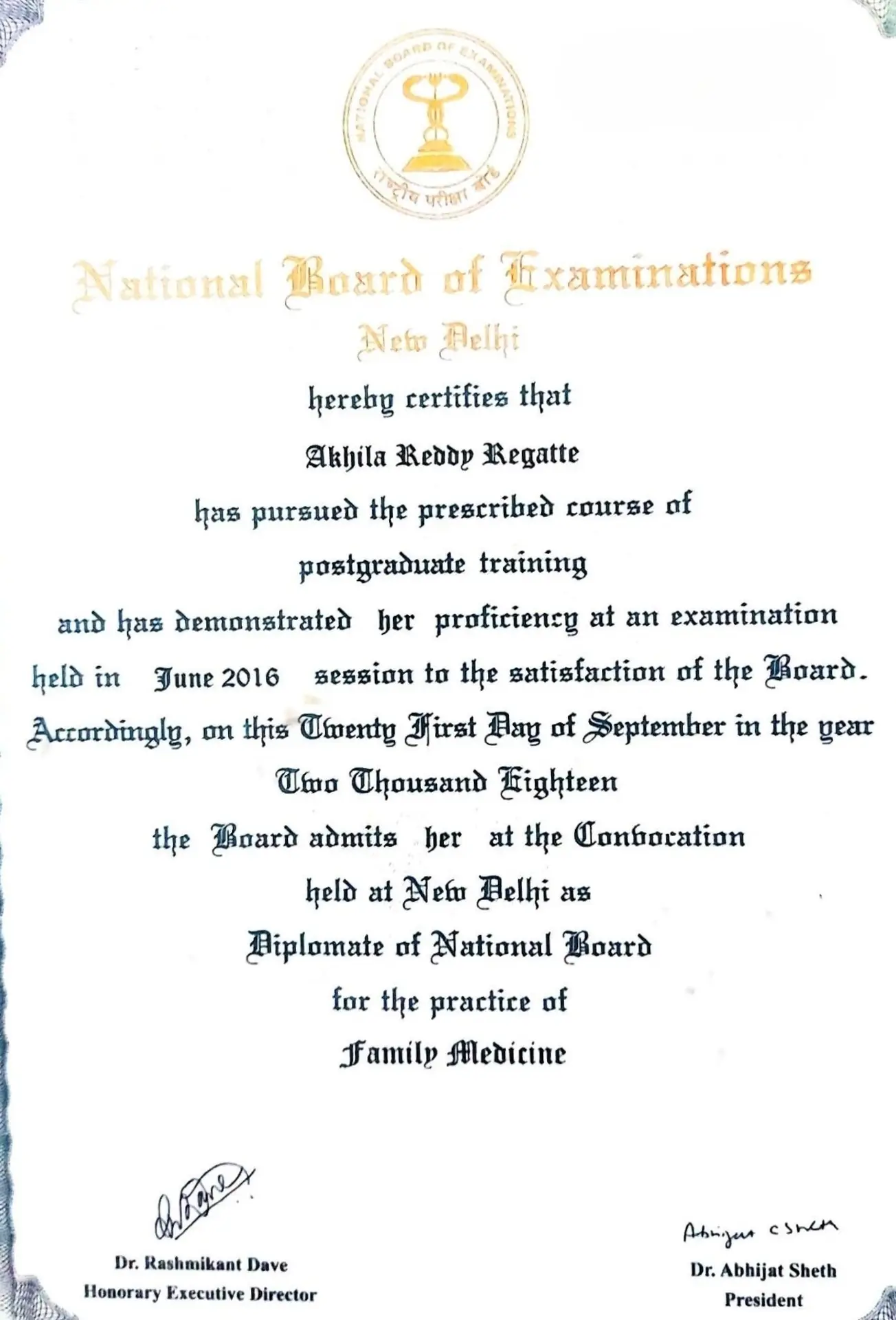 A formal medical certificate from the National Board of Examinations, New Delhi, certifying Akhila Reddy Regatte as a Diplomate of National Board (DNB) in Family Medicine, September 2018.