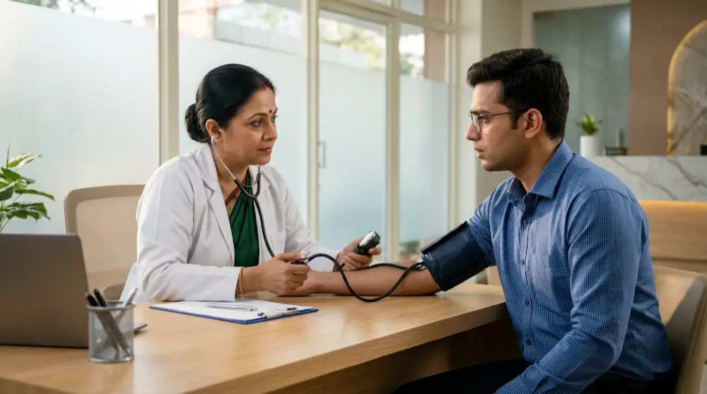 Expert general physician in Gachibowli checking the blood pressure of a stressed corporate IT professional at AMC Hospital.