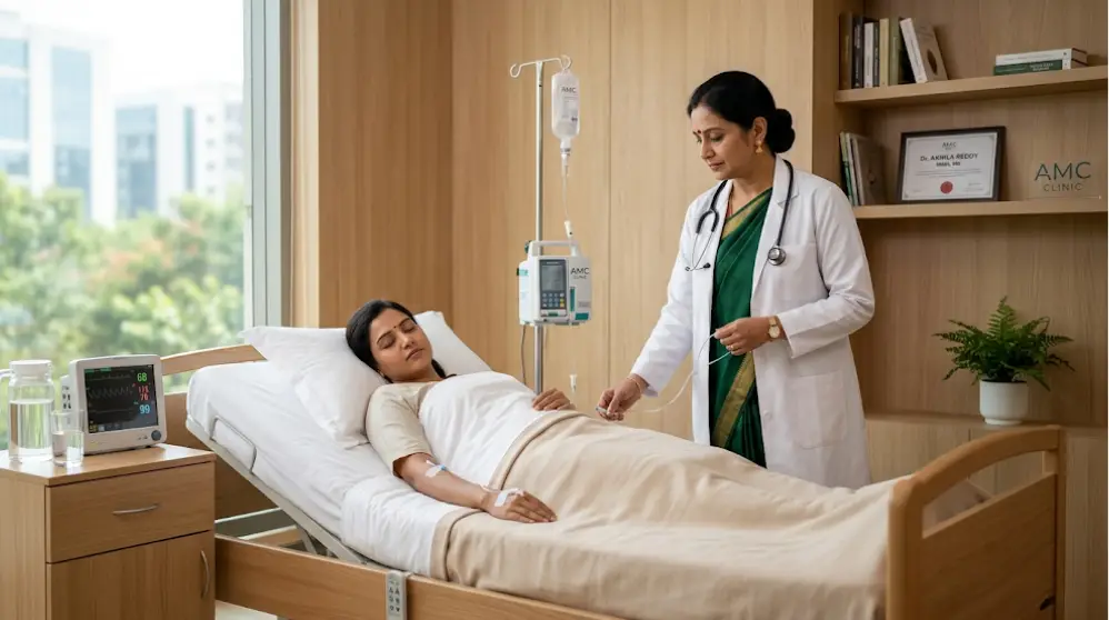 A compassionate Indian doctor monitoring a resting patient receiving IV therapy. Day Care Clinic in Gachibowli
