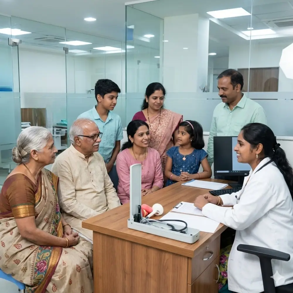 Dr. Akhila Reddy consulting with a multi-generational family at the best family clinic in Gachibowli.