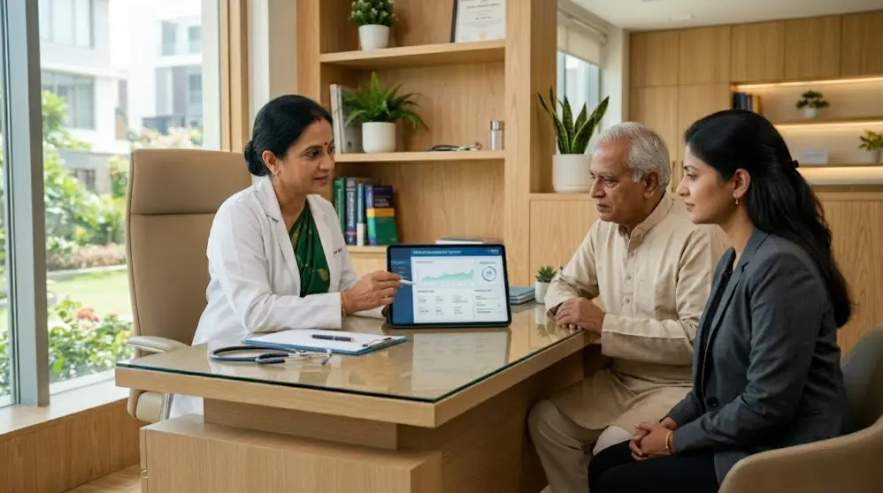 A comprehensive geriatric consultation at AMC Clinic in Gachibowli, reviewing a metabolic health plan with a senior patient and his family.