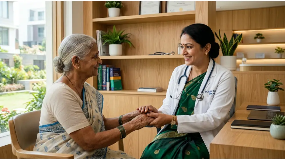 Geriatric Care A compassionate geriatrician holding hands with an elderly patient at AMC Clinic, providing the best geriatric care in Gachibowli.