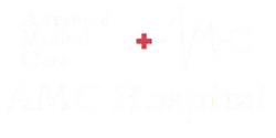 AMC Hospital full logo featuring a medical heart pulse line and stethoscope icon, representing Advanced Medical Care in Gachibowli, Hyderabad.