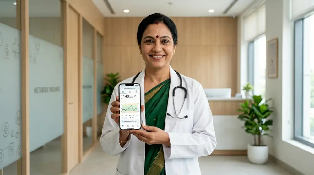 Top diabetes doctor in Gachibowli holding a smartphone displaying a Continuous Glucose Monitoring (CGM) app at AMC Hospital.