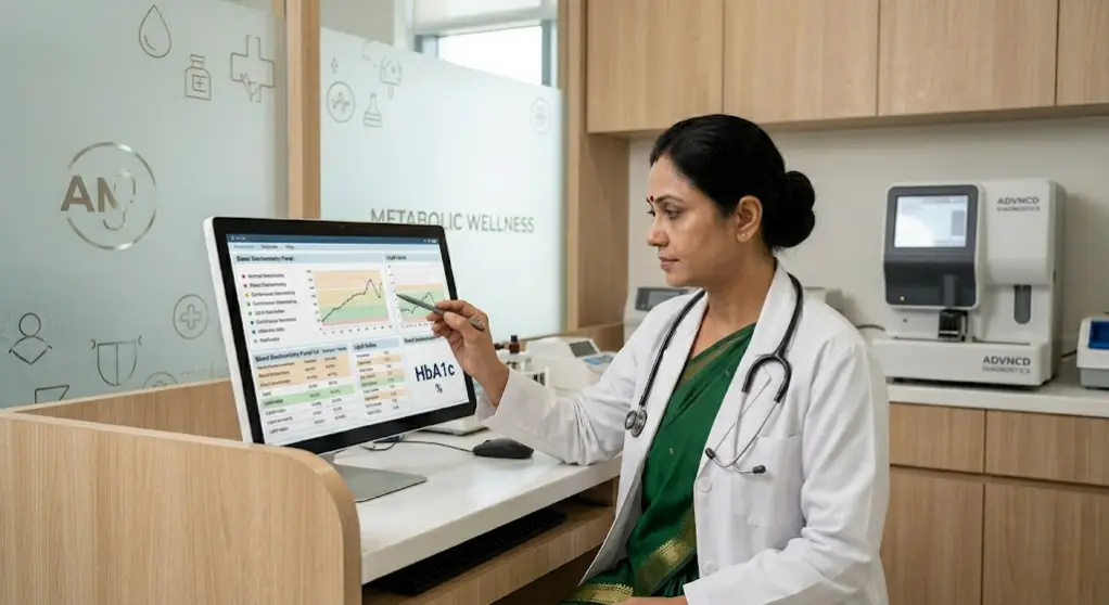 Expert diabetes doctor in Gachibowli utilizing in-house high-tech diagnostic lab machinery to provide rapid, precise HbA1c and metabolic panel results for patients with zero travel required.