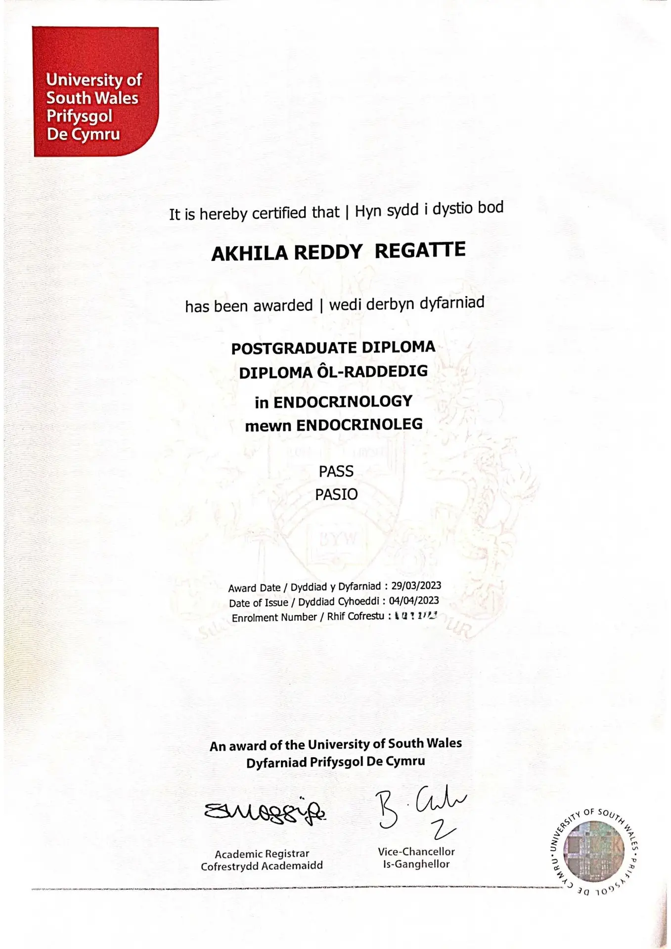 A Postgraduate Diploma in Endocrinology awarded to Akhila Reddy Regatte by the University of South Wales, UK, dated March 2023.