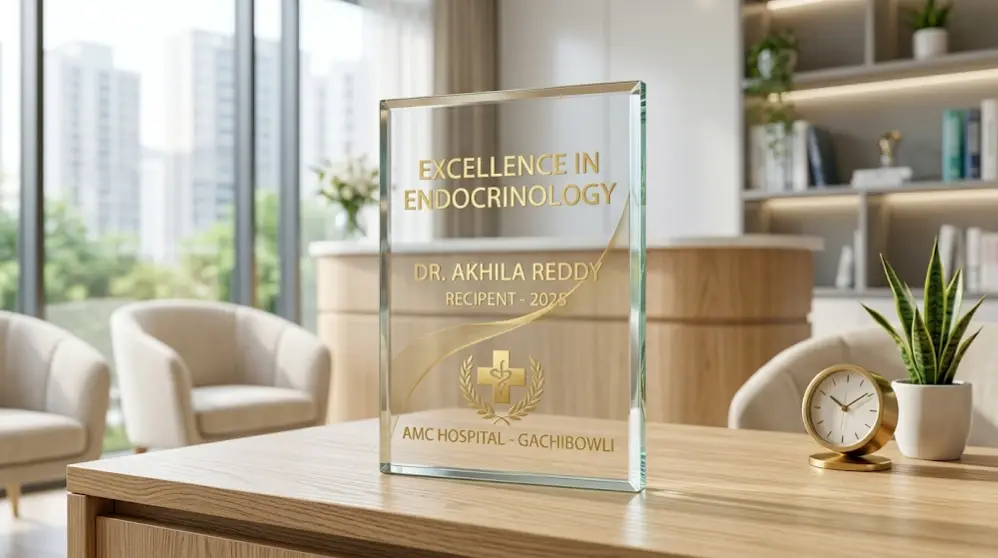 The 2025 Excellence in Endocrinology award presented to Dr. Akhila Reddy at AMC Hospital, an award-winning medical clinic in Gachibowli.
