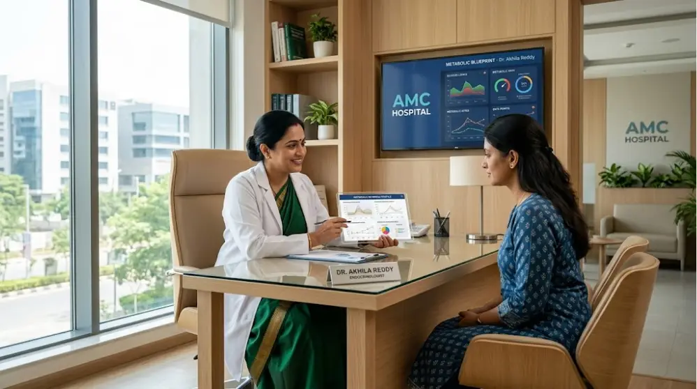 Endocrinologist in Gachibowli reviewing personalized hormone and metabolic lab results with a female patient in a modern medical clinic.