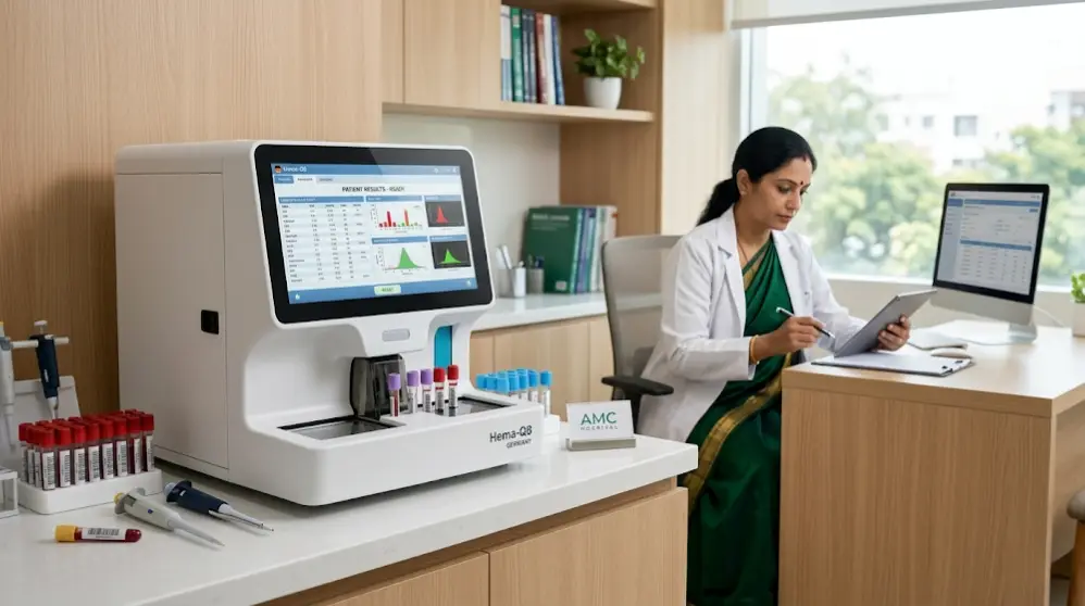 Advanced German-engineered diagnostic lab equipment at AMC Hospital, with the top endocrinologist in Gachibowli reviewing patient results in the background.