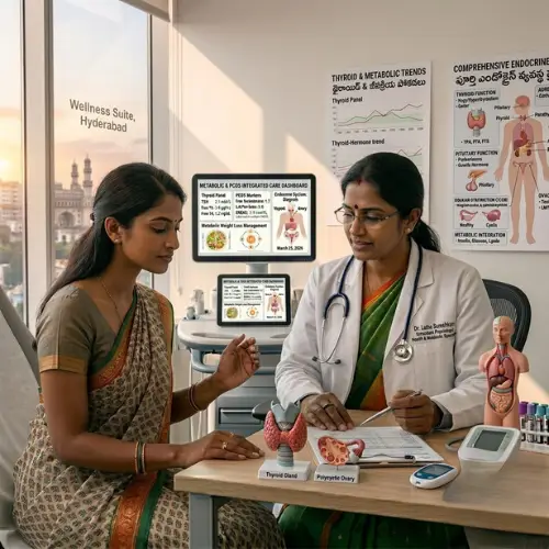 A consultant endocrinologist, treating PCOS, thyroid issues, and diabetes.