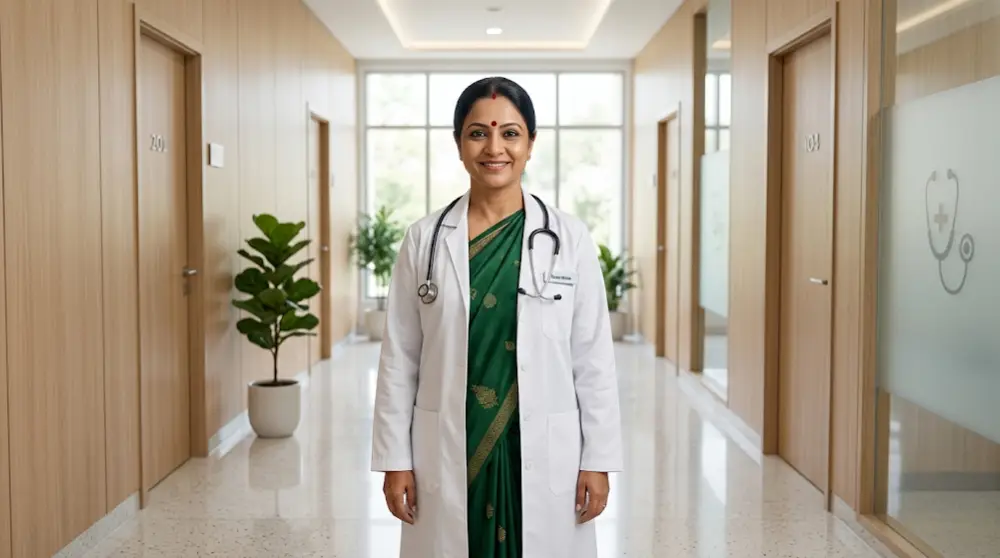 Top-rated family doctor standing inside the state-of-the-art, stress-free boutique clinic at AMC Hospital, serving the Financial District and Gachibowli.