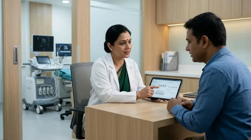 Expert general physician in Gachibowli explaining rapid in-house diagnostic lab results to a patient on a digital tablet at AMC Hospital.