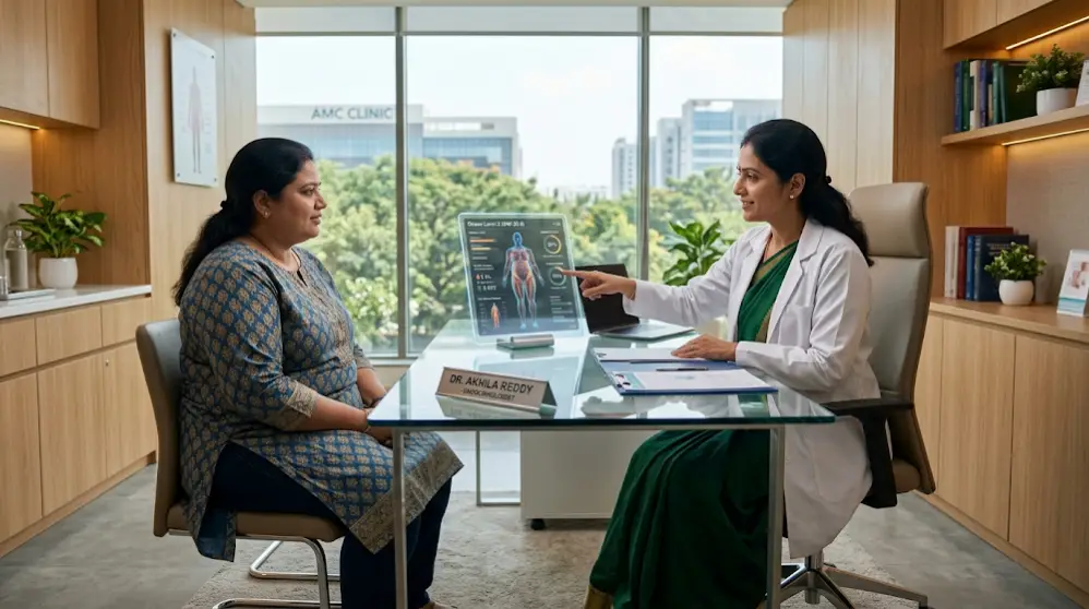 Expert Weight loss Doctor explaining a personalized medical metabolic reset plan using a transparent 3D biometric tablet at AMC Hospital.
