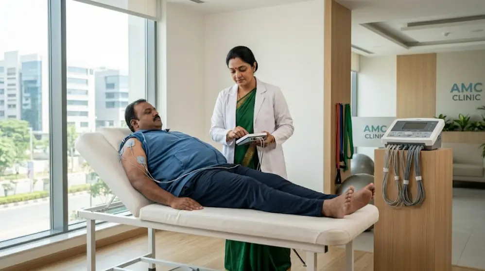 Doctor administering advanced EMS therapy to a patient at the premier weight loss clinic in Gachibowli.
